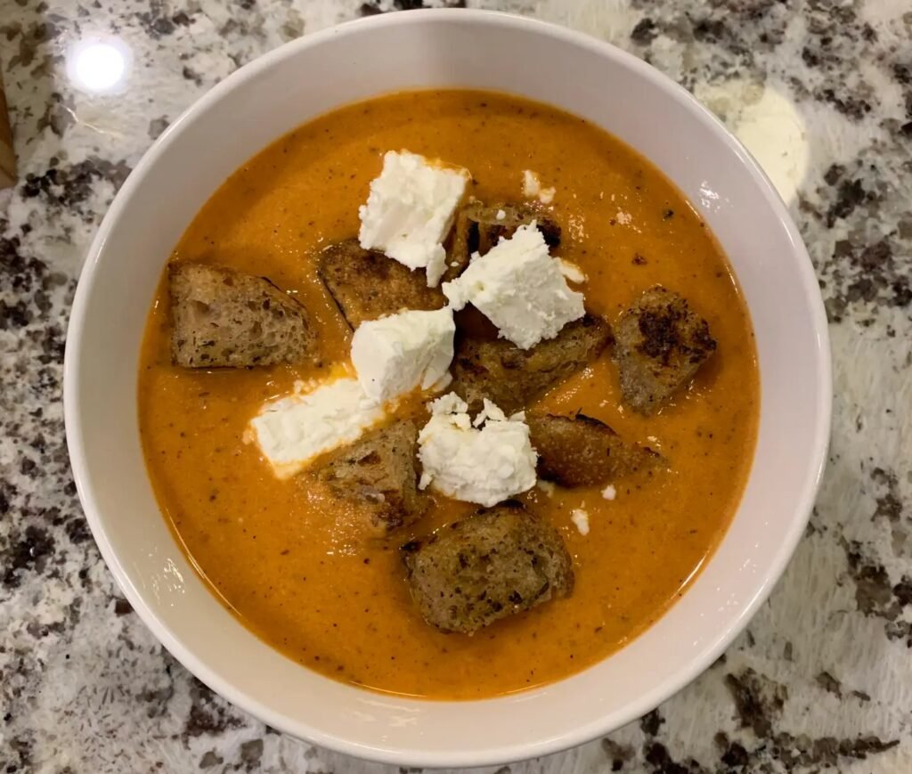 roasted tomato eggplant soup with feta and croutons
